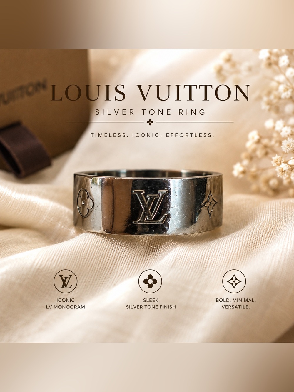 Authentic Louis Vuitton Polished Silver Monogram Band Ring